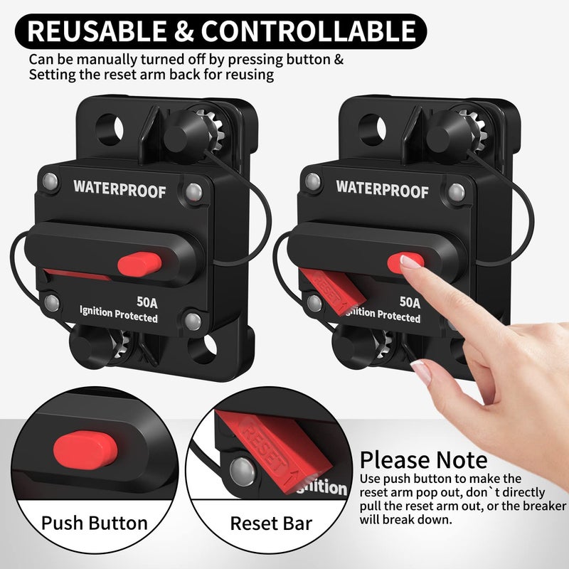 DAIERTEK 50 Amp Circuit Breaker, Waterproof Marine Circuit Breaker 12V 24V 48V Resettable Inline Fuse Switch, 12 Volt 50A Breaker for Boat Trolling Motor Car Automotive -2Pack - Image 5